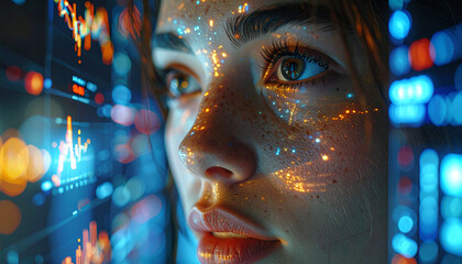 Visionary Gaze: A captivating close-up of a person, her face illuminated by data streams and shimmering lights, immersed in a futuristic technological landscape. 