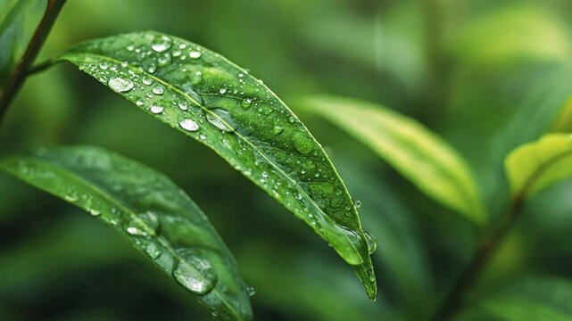 A stunning macro shot captures the vibrant green surface of a leaf adorned with numerous glistening water droplets. Each bead of pure liquid reflects the ambient light, creating a sparkling, fresh tex