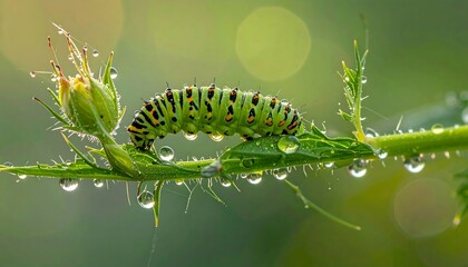 Naklejka premium Green caterpillar with black and yellow spots rests on a dewy plant stem against a bokeh green background