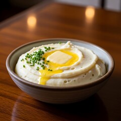 Creamy Mashed Potatoes with Butter and Chives in a Bowl.