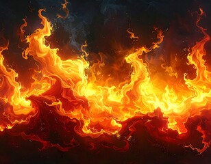 Intense artwork depicting flowing orange and yellow flames against a dark, swirling smoky background