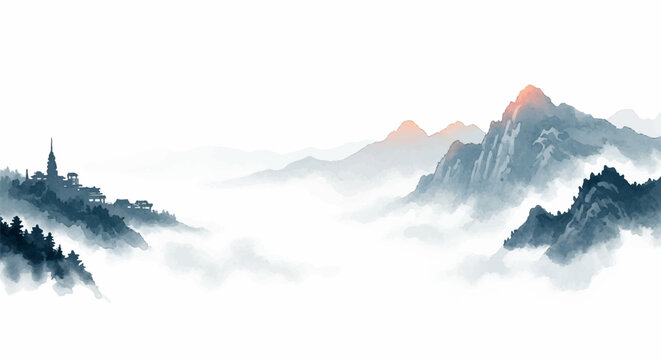 Ancient Chinese ink wash painting of misty mountains with traditional village buildings