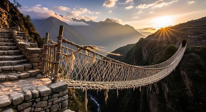Fototapeta Inca Rope Bridge at Sunset - A Journey Through Time.