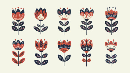 A beautiful collection of stylized folk art flowers in a Scandinavian design style, featuring intricate patterns and an earthy color palette for unique branding and illustration projects