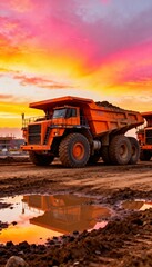 Obraz premium Two large orange mining trucks on muddy ground under vibrant sunrise or sunset sky. 