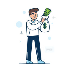 Man holds out bag of money