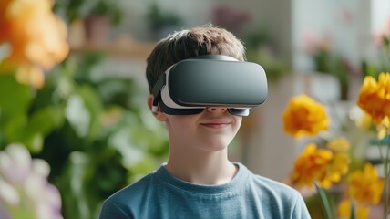 Young boy engages with future of digital learning and entertainment using immersive virtual reality headset, exploring new worlds within bright, engaging indoor setting.