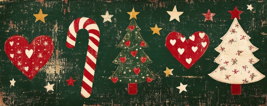 Festive christmas pattern featuring candy canes, red hearts, and green trees against a beige background, decorated with gold stars.  - Powered by Adobe