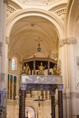 Interior architecture of Basilica Ta' Pinu with altar baldachin and apse in the background, Gharb, Gozo MALTA © Liliana