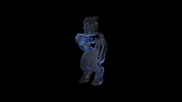 Holographic faun holding a rugby ball rotating on black background