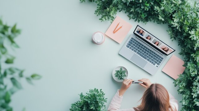 Engaged in productive remote video call from serene home office desk, blending digital connectivity with natural greenery for optimal worklife balance and efficiency. - Powered by Adobe