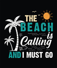 The Beach Is Calling and I Must Go Vector with Dual Palm Trees, Starfish and Marine Life - Summer Typography