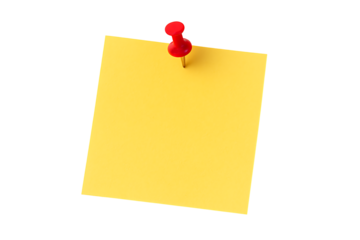 Yellow sticky note paper pinned with red pushpin isolated on black background message reminder concept organization office memo minimal communication layout design