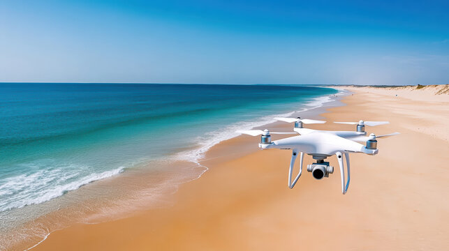 Aerial drone capturing stunning beach view with clear blue water and sandy shore