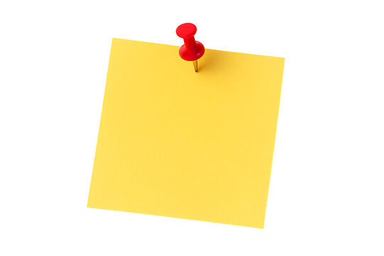 Yellow sticky note paper pinned with red pushpin isolated on black background message reminder concept organization office memo minimal communication layout design