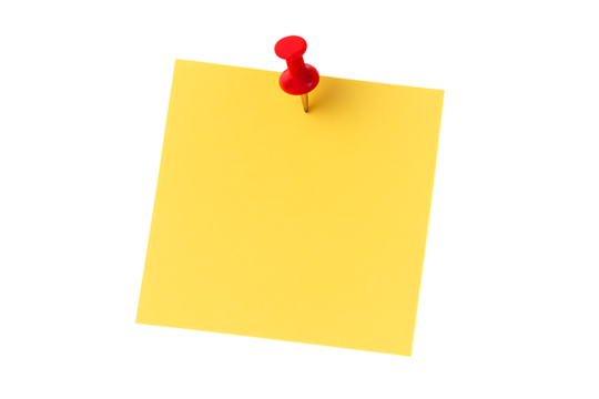 Yellow sticky note paper pinned with red pushpin isolated on black background message reminder concept organization office memo minimal communication layout design