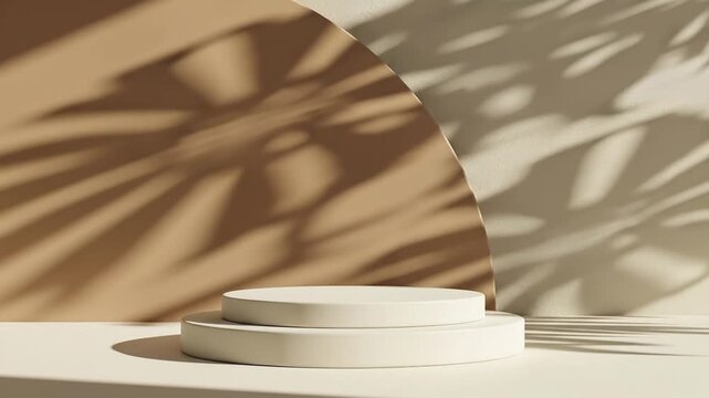 A stylish, modern product display scene featuring two circular, cream-colored podiums ready for showcasing items. The minimalist setting includes a warm beige curved panel and a textured off-white wal