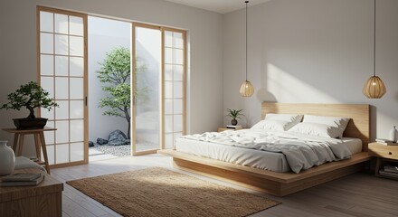 Serene Japanese-Inspired Bedroom with Zen Garden View and Natural Light