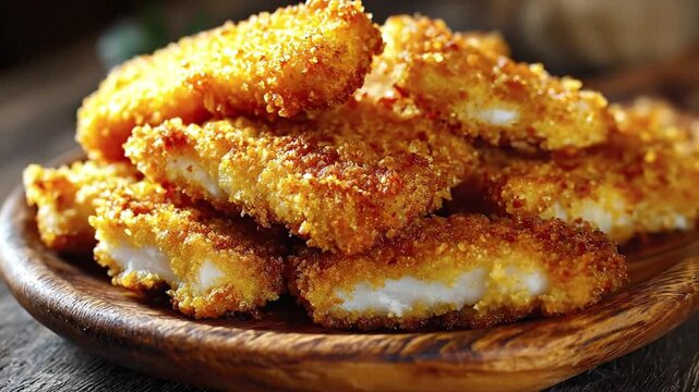 A tantalizing close-up features golden-brown, crispy fried food pieces, such as tenders or sticks, arranged invitingly on a rustic wooden plate. The delicious, textured breading and tender interior cr