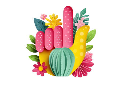 A vibrant hand design with flowers and leaves