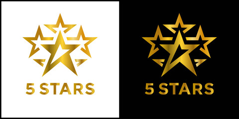 Elegant vector logo with five interlocking golden stars and bold 5 STARS text. Includes light and dark versions. Ideal for premium branding, awards, hospitality, and excellence themes.