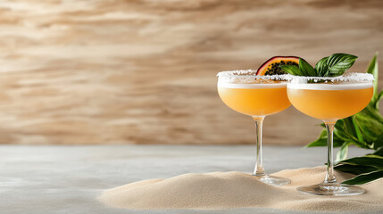 Elegant coupe glasses with passionfruit cocktails and fresh herbs create refreshing vibe