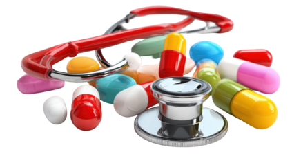 Medical supplies, stethoscope, pills