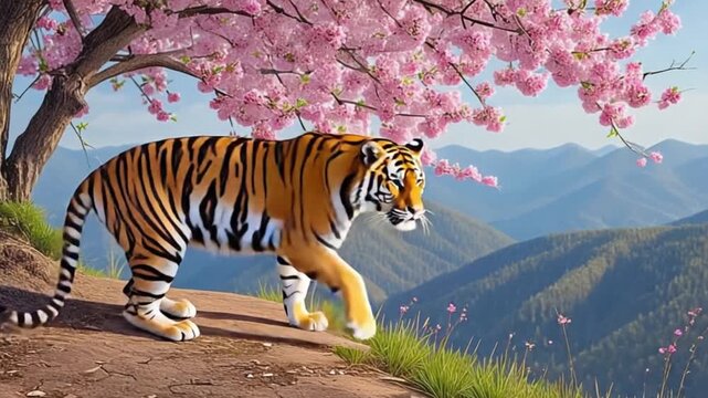 Tiger resting beneath a cherry blossom tree with mountains in the background on a sunny day tiger video