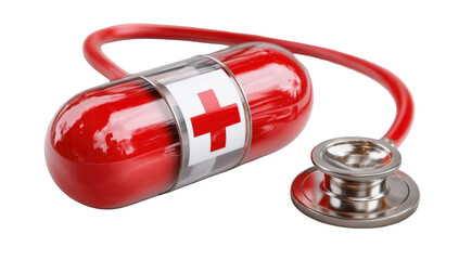 Red pill with stethoscope. A medical concept