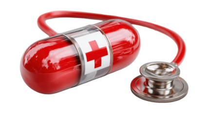 Red pill with stethoscope. A medical concept