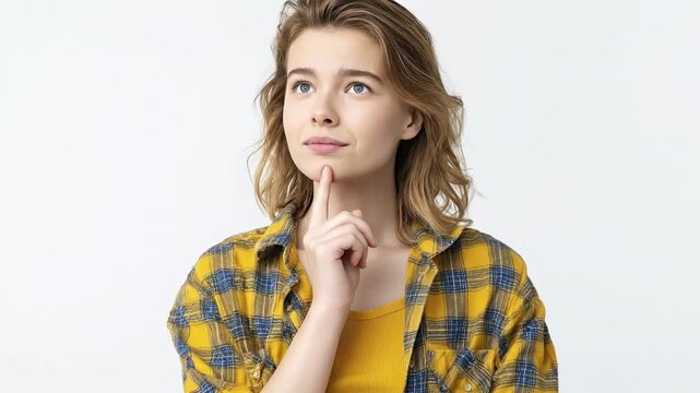 A thoughtful young woman with blonde hair and blue eyes poses in a studio, looking upwards and to the side with her finger gently resting on her chin. Her pensive and curious expression conveys a sens