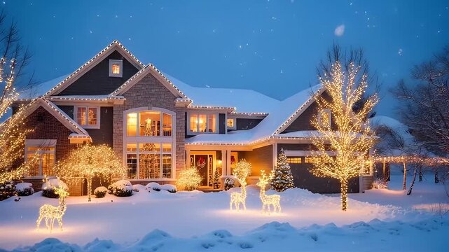 A beautiful and tidy house bathed in the light of Christmas lights on a snowy winter night.
