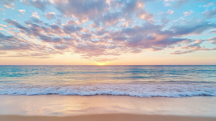 Serene ocean view with gentle waves and colorful clouds at sunset, creating peaceful atmosphere