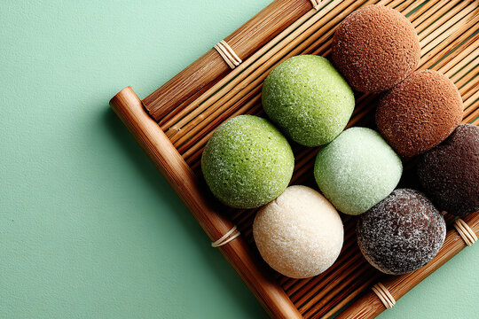 Mochi dessert with different flavors on a bamboo mat. - Powered by Adobe