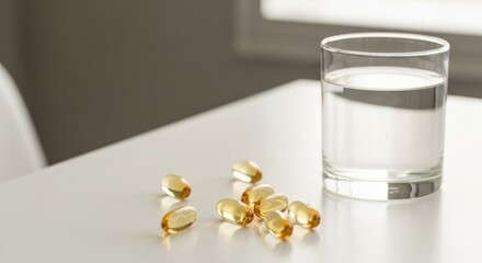 Pills and water clear glass of water next to scattered golden gel capsules