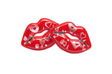 Two red lips, decorated with white hearts