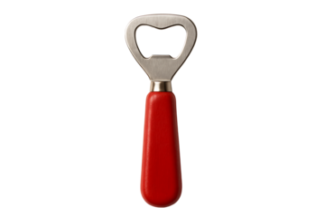 Metal bottle opener with red handle isolated on black background kitchen utensil tool concept for beverage party design household bar tool equipment object image