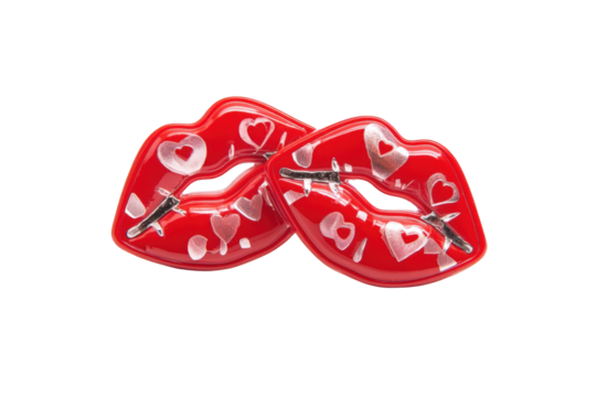 Two red lips, decorated with white hearts