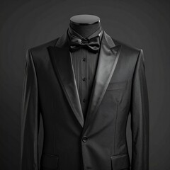 Elegant Black Tuxedo with Bow Tie on Mannequin.