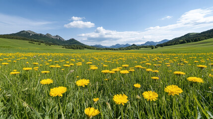 Vibrant field of yellow flowers under clear blue sky with distant hills and mountains