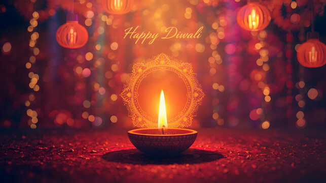 Happy Diwali festival of lights with traditional diyas and colorful background, glowing diya with mandala halo and festive bokeh.
 - Powered by Adobe