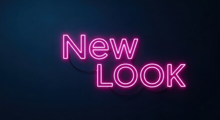 Pink neon 'New Look' text glowing against a dark teal, blurred background