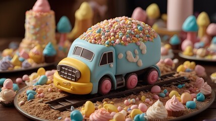 Cute Candy Truck Dessert Scene — Whimsical Pastel Cupcake and Sweets Design in Fantasy Candyland Style