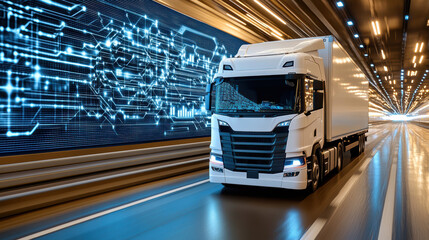 Futuristic freight truck driving through high tech tunnel with digital graphics