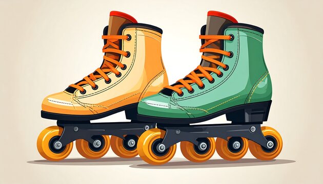 A cartoon illustration featuring a pair of colorful inline skates, one orange and one green. They have black wheels, orange laces, and are set against a neutral backdrop
