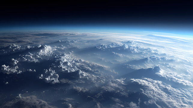 Aerial view of the Earth, showcasing the atmosphere and clouds in a breathtaking vista. The curvature of the Earth is visible, creating a sense of vastness and wonder