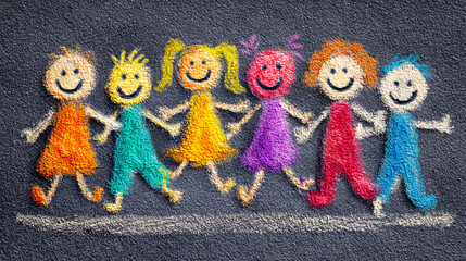 Creative children's drawing featuring happy kids holding hands in a vibrant chalk art style
