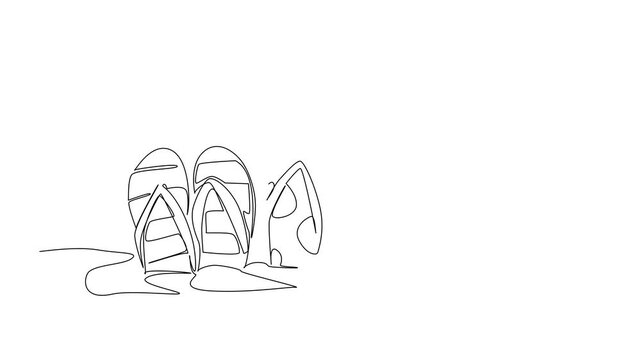 Animation of continuous one line drawing 2 pairs of patterned flip flops embedded in the sand. A young couple spends their holidays on the beach. National Flip Flop Day. Full length motion