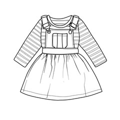 Line art drawing of a baby girls outfit featuring a striped long sleeve shirt paired with a pinafore dress with a pocket detail.