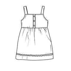 A minimalist black and white line art illustration of a childs sleeveless dress, featuring a button-down bodice and a gathered skirt with a decorative trim along the hem.